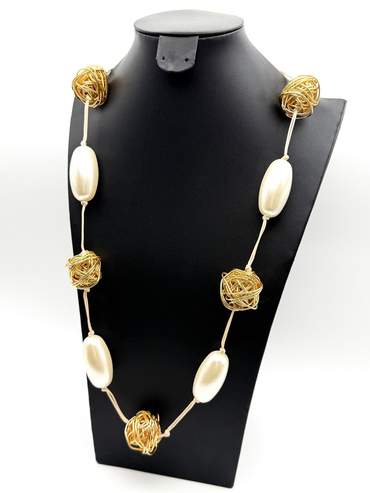 Chunky Oval Pearl & Gold Tone Hand-knotted Wire Wrapped Ball Adjustable Necklace