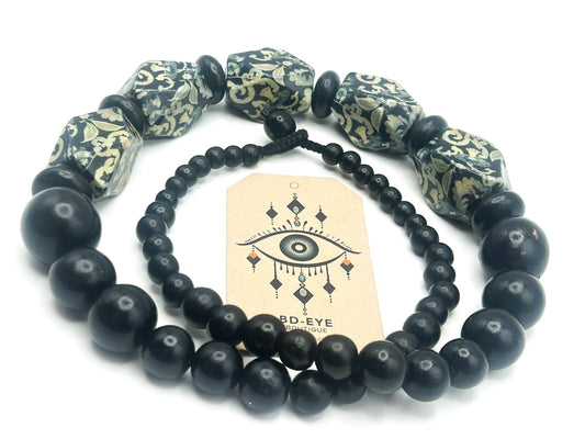 Chunky Black and Yellow-Green Floral Print Long Beaded Wood Necklace Flower