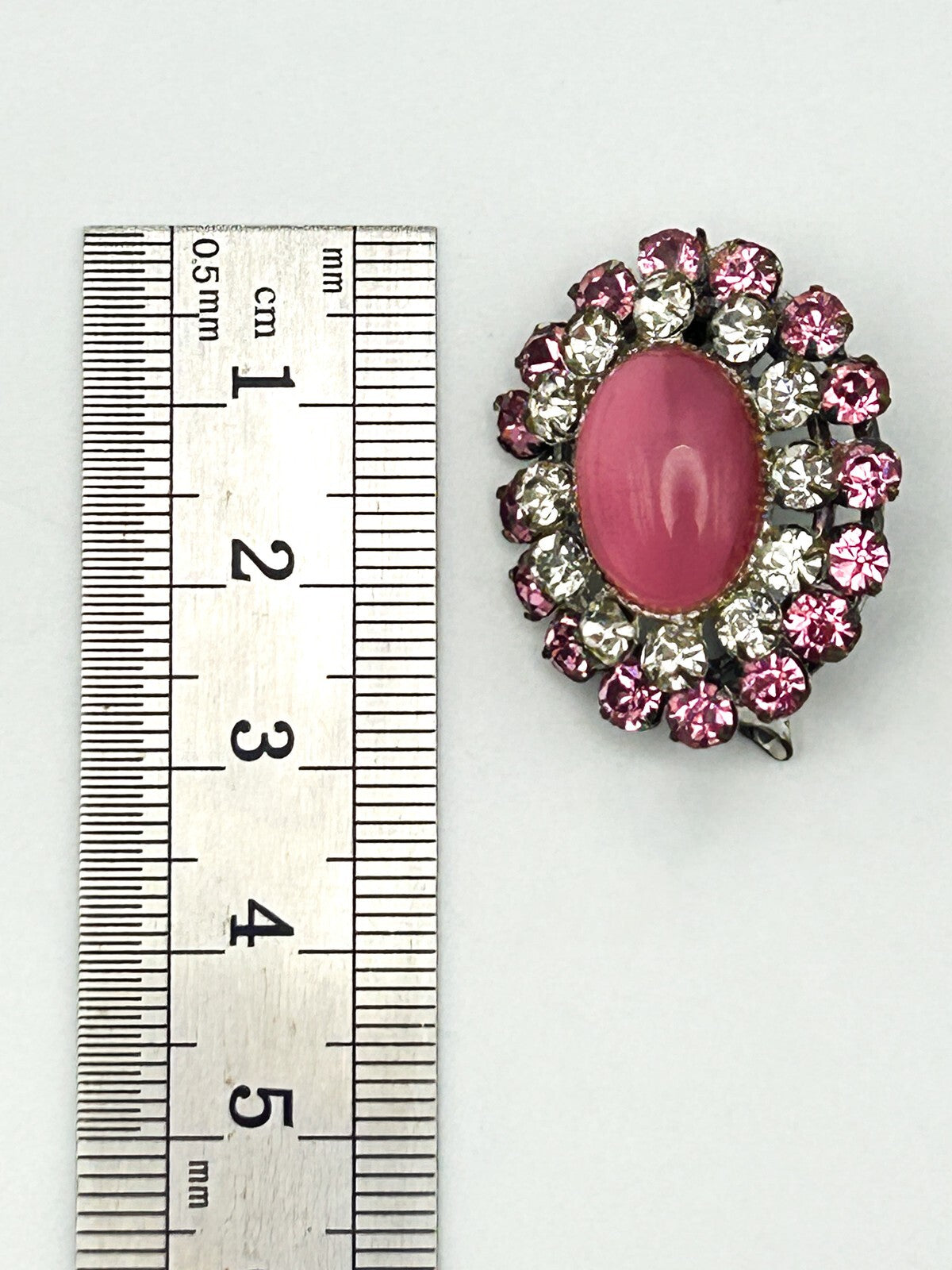 Vintage Pink Moonglow Brooch Rhinestone Halo Lucite Cabochon Pin