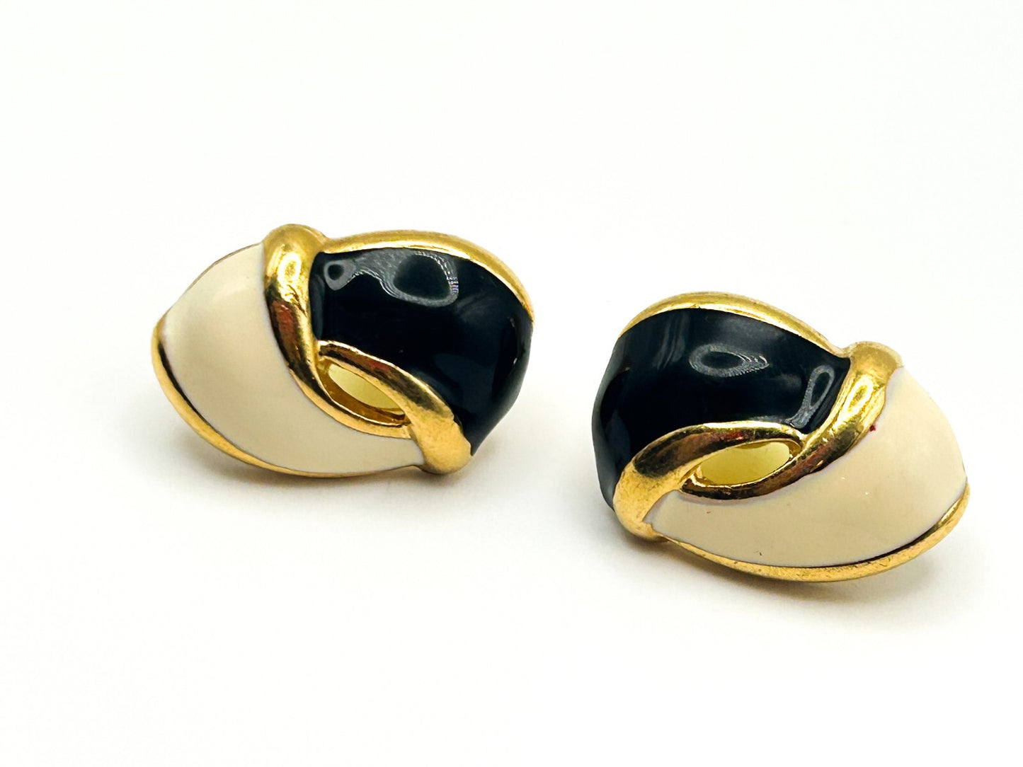 Vintage Black, Cream & Gold Tone Enamel 80s Ribbon Effect Earrings