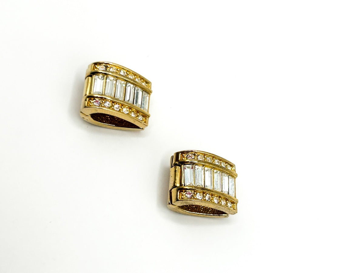 Vintage Monet Gold Tone Baguette Rhinestone Magnetic Earrings Original Card