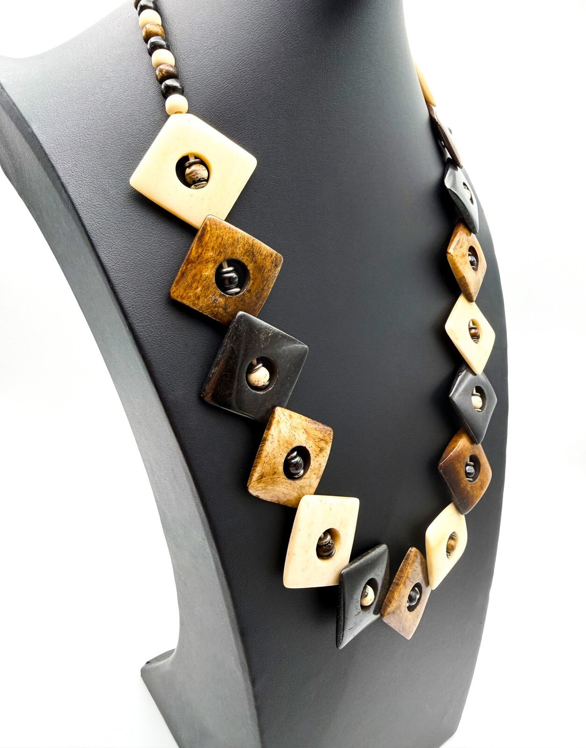 Vintage Organic Material Brown & Cream Inlaid Square Beaded Statement Necklace
