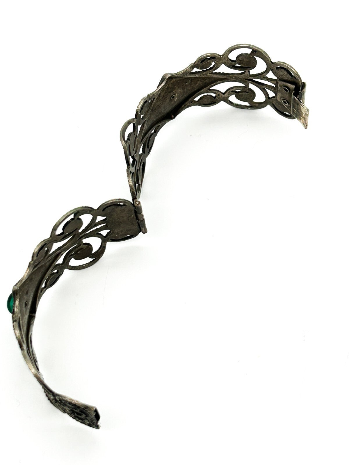 Vintage Art Deco Revival Ornate Silver Tone Hinged Bangle Green Cabochon Filigre