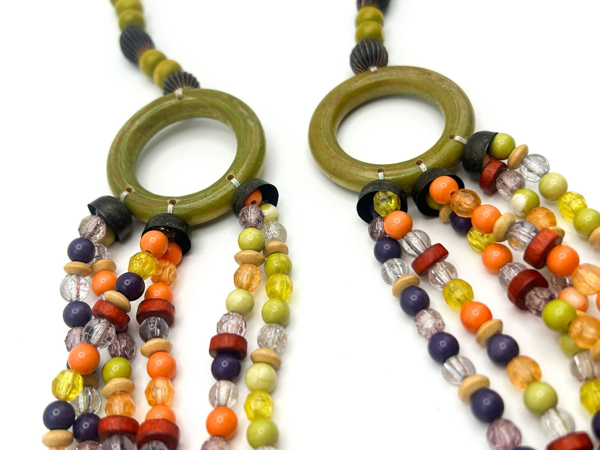 Vintage Multi-Strand Beaded Necklace with Green Hoop Connectors