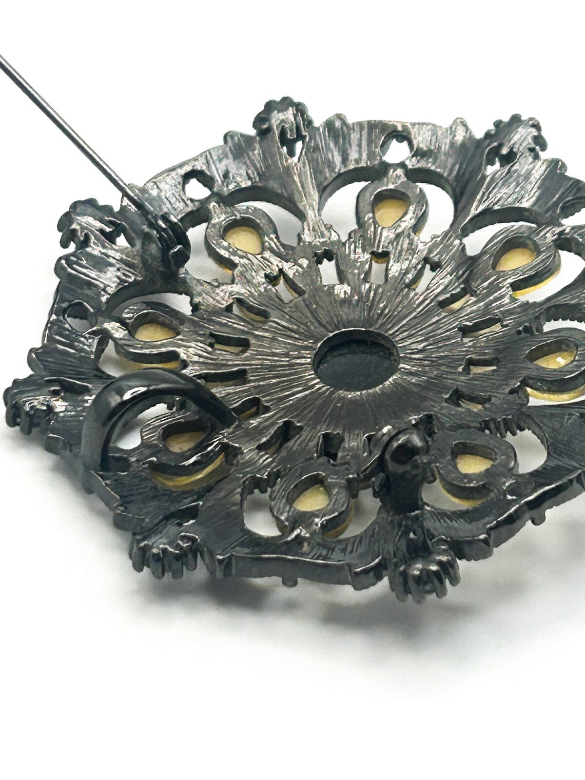 Ornate Gunmetal Floral Rhinestone Vintage Brooch with Lemon Cabochons – 6cm