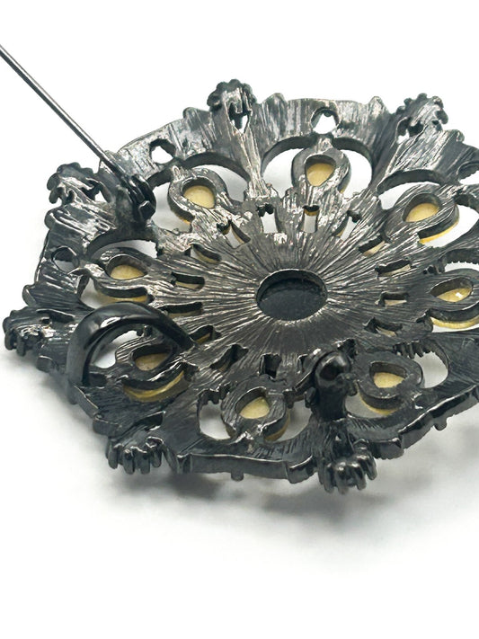 Ornate Gunmetal Floral Rhinestone Vintage Brooch with Lemon Cabochons – 6cm