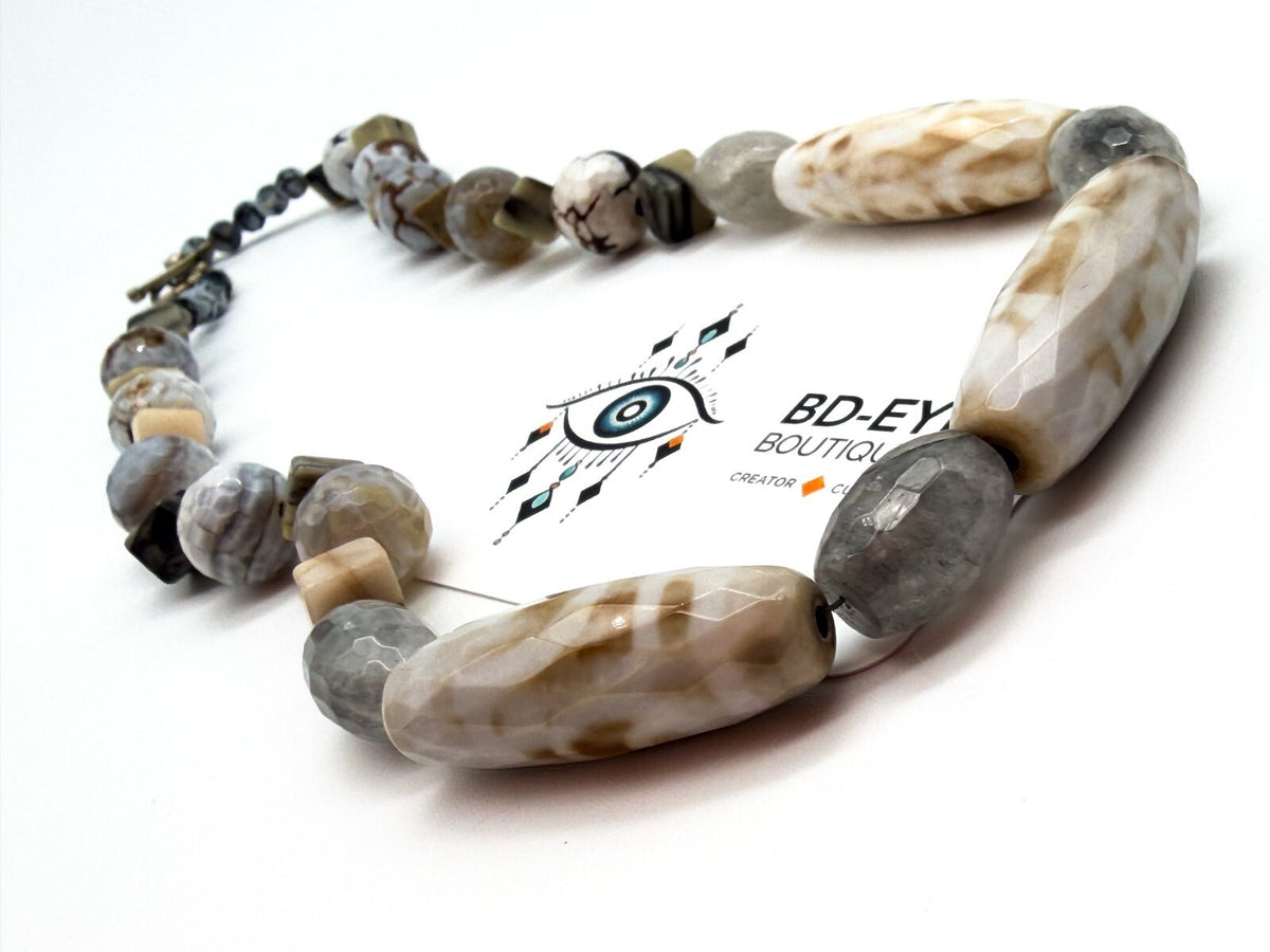 Chunky Gemstone Necklace Agate Jasper Quartz Dzi 9-eye Beads Toggle 22”