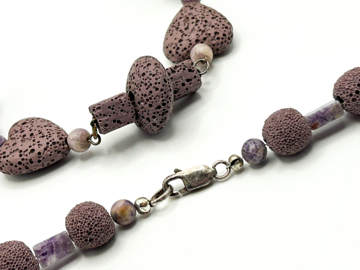 Dyed Purple Lava & Amethyst Bead Necklace – Hearts, Rounds  Cubes