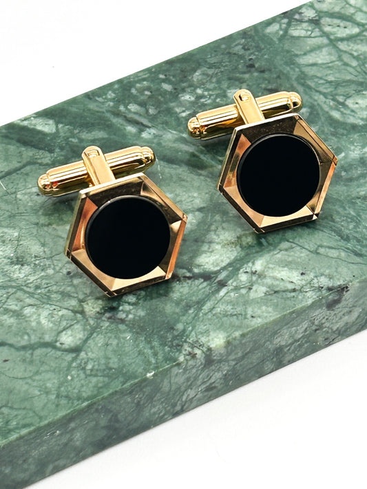 Vintage Gold Tone Black Glass Hexagonal Cufflinks Mens Formal Retro Smart