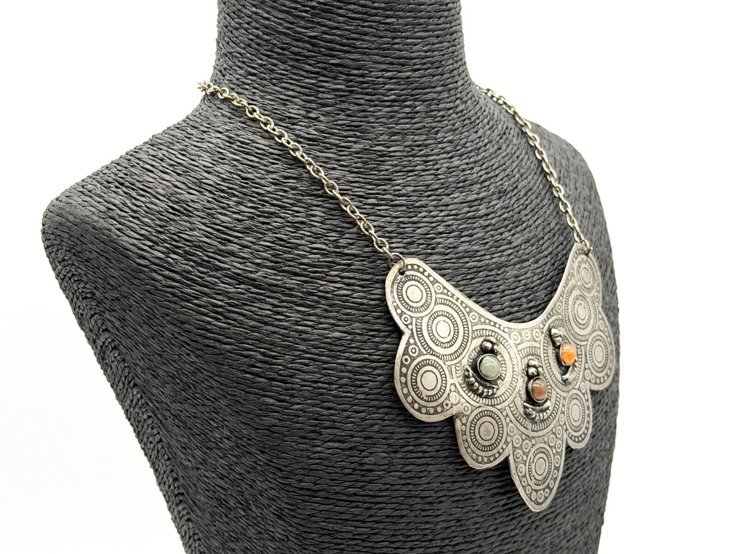 Silver Tone Ornate Ethnic Style Bib Necklace with Semi-Precious Agate Cabochons