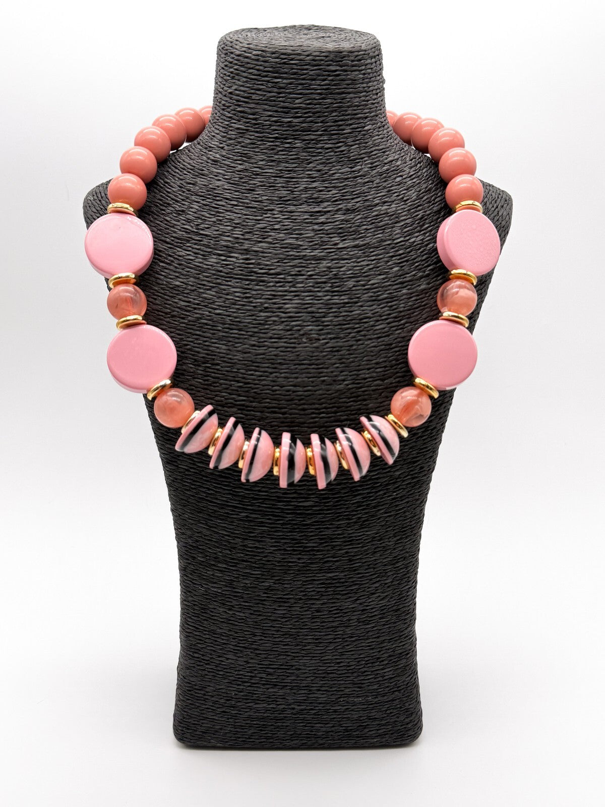 Retro Chunky Pink Acrylic Statement Necklace Disc Beads Gold Tone New w/Tag 23”