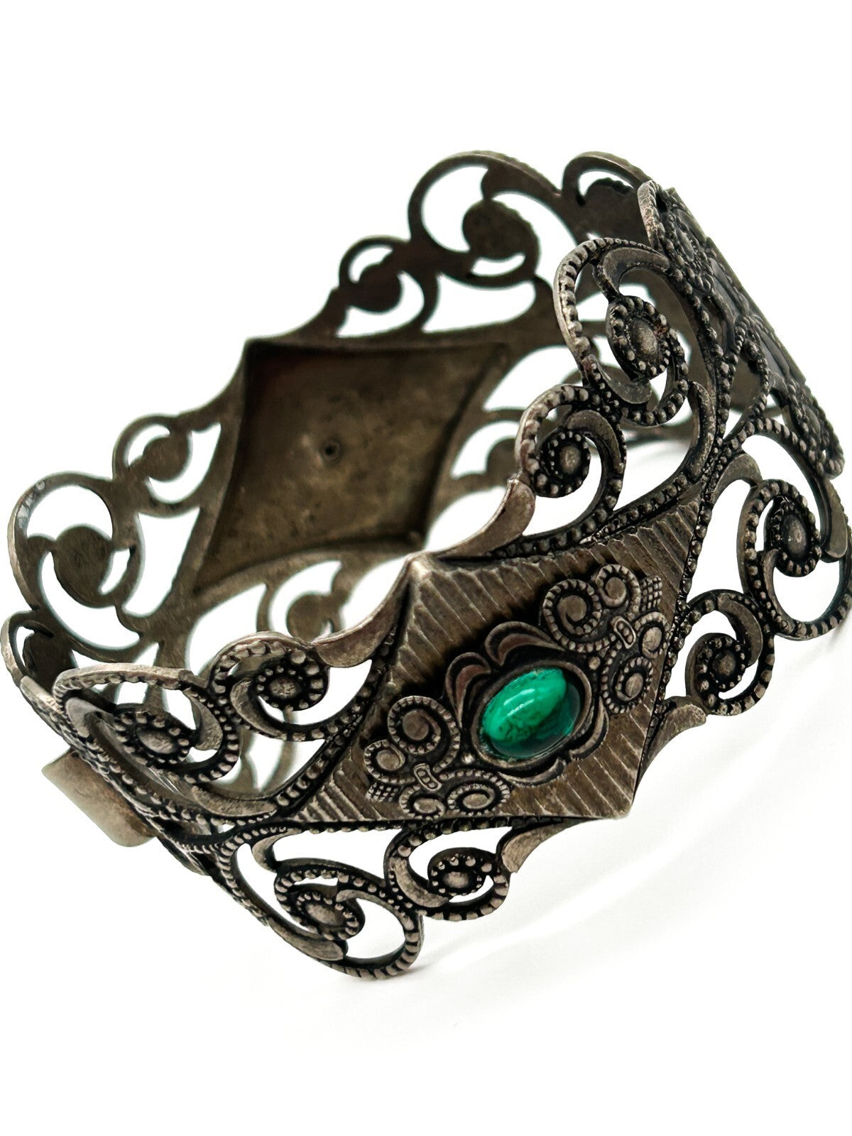 Vintage Art Deco Revival Ornate Silver Tone Hinged Bangle Green Cabochon Filigre