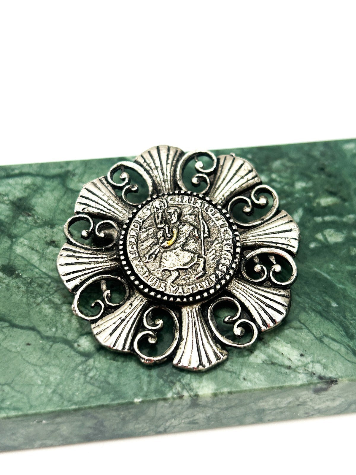 Vintage Silver Tone Saint Christopher Medallion Brooch with Ornate Scroll Frame