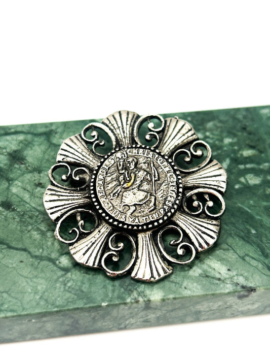 Vintage Silver Tone Saint Christopher Medallion Brooch with Ornate Scroll Frame