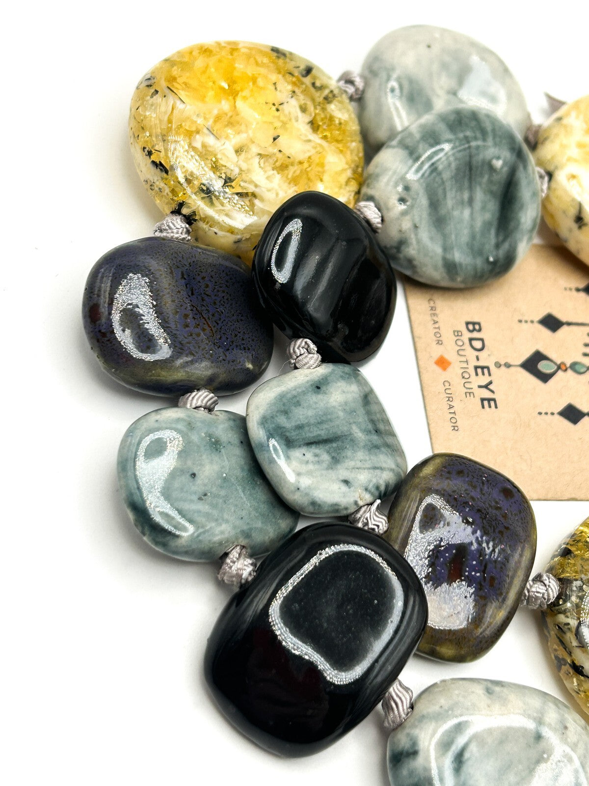 Chunky Marble-Effect Ceramic Necklace & Bracelet Set – Hand-Knotted Grey Ribbon