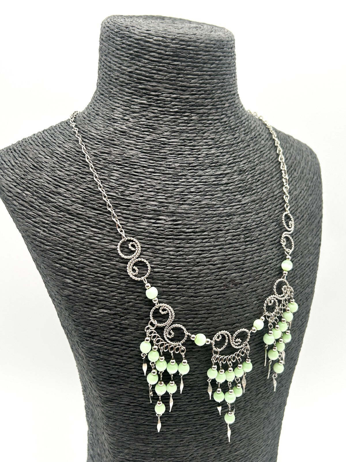 Peruvian Alpaca Pastel Green Cat's Eye Chandelier Necklace & Earrings Set Boho