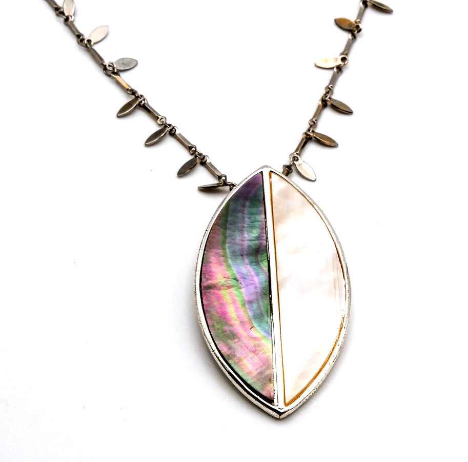 Mother of Pearl & Abalone Leaf Pendant Necklace – Long 40”