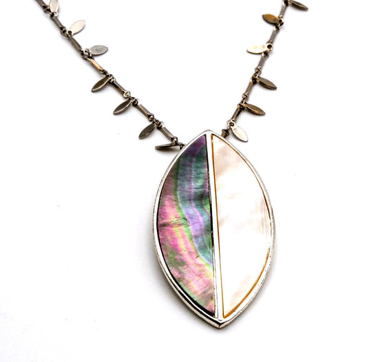 Mother of Pearl & Abalone Leaf Pendant Necklace – Long 40”