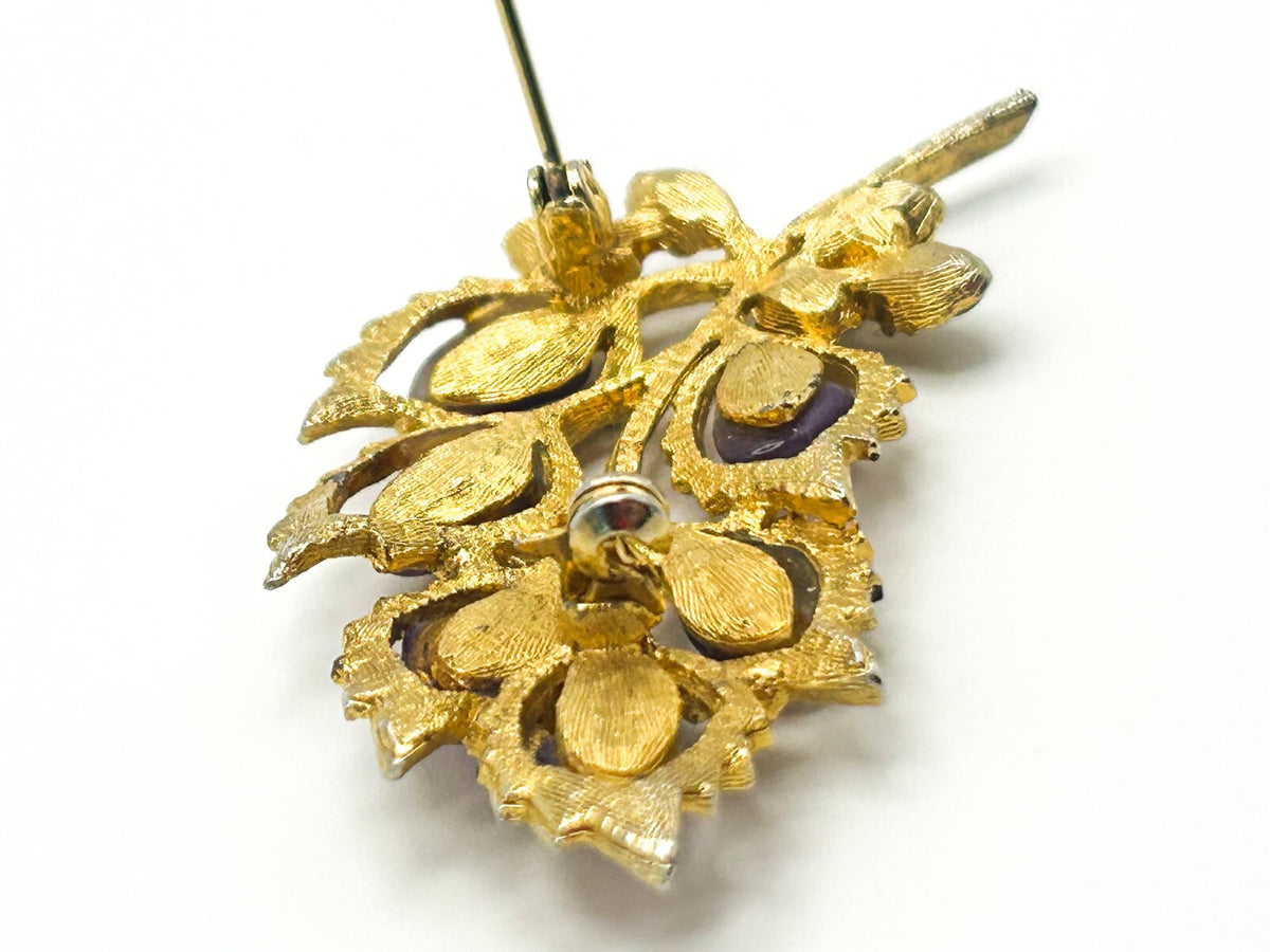 Vintage Leaf Brooch Floral Spray Gold Tone Amethyst & Citrine Leaves Pin Retro