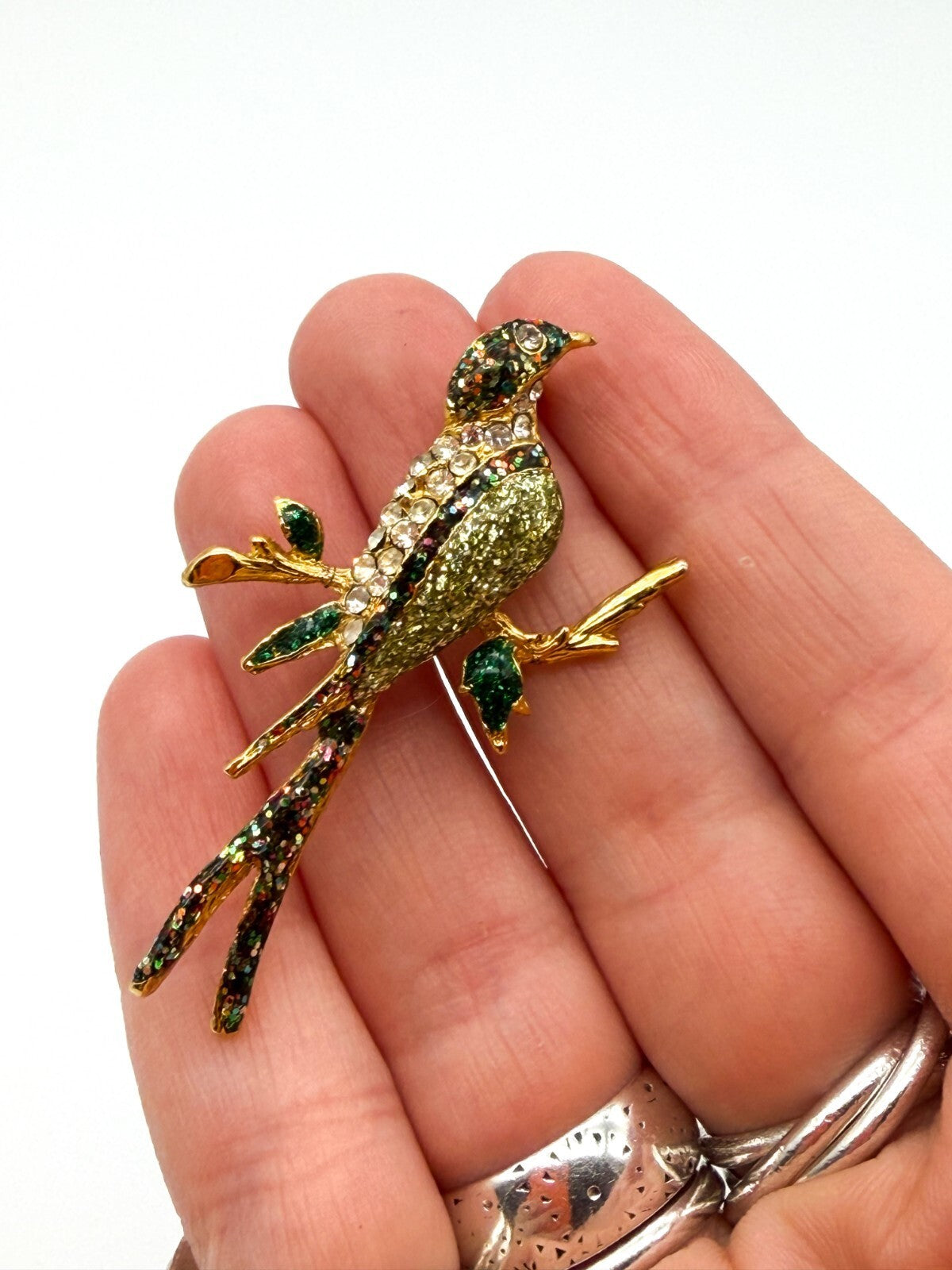 Vintage Gold Tone Bird Brooch Green Glitter Resin Rhinestone Branch Pin