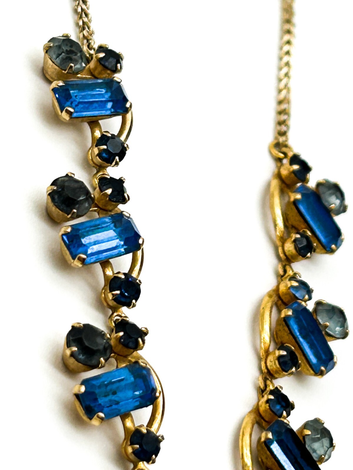 Vintage Blue Rhinestone Necklace Gold Tone Baguette Crystal Statement 1930s-50s