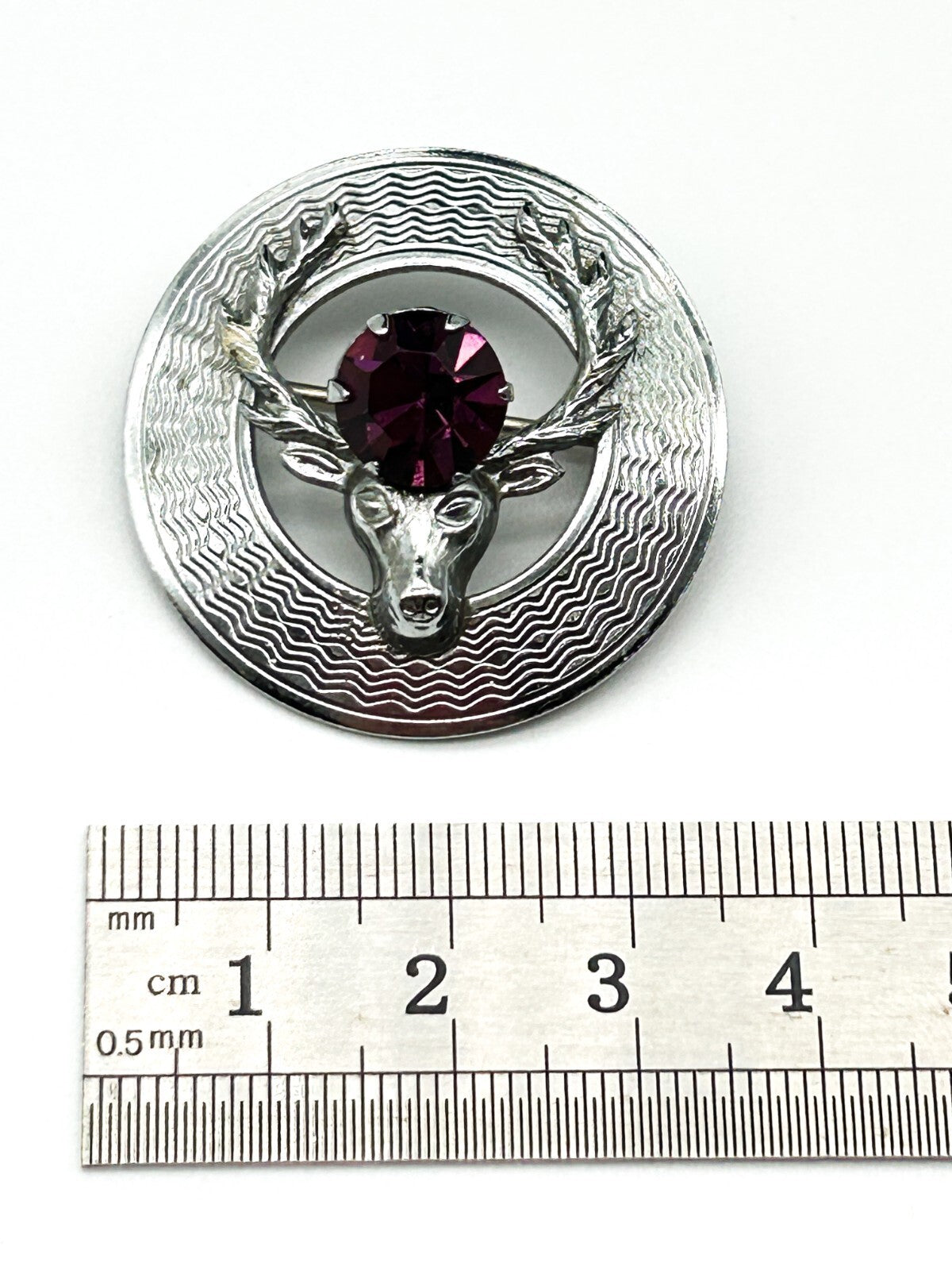Mizpah Scottish Stag Head Brooch Amethyst Purple Glass Silver Tone