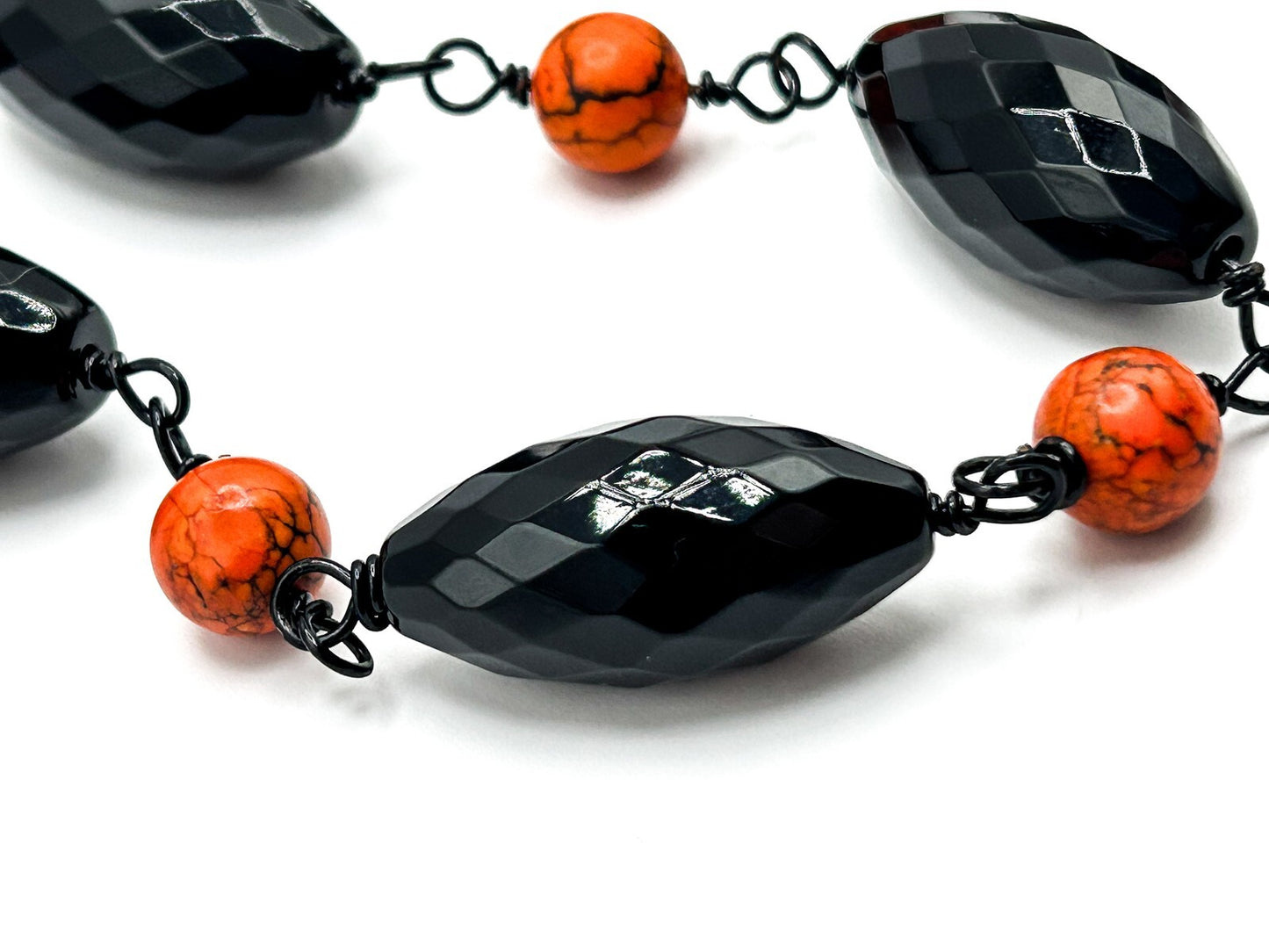 Faceted Onyx and Dyed Orange Stone Beaded Gemstone Semi Precious Necklace Boho