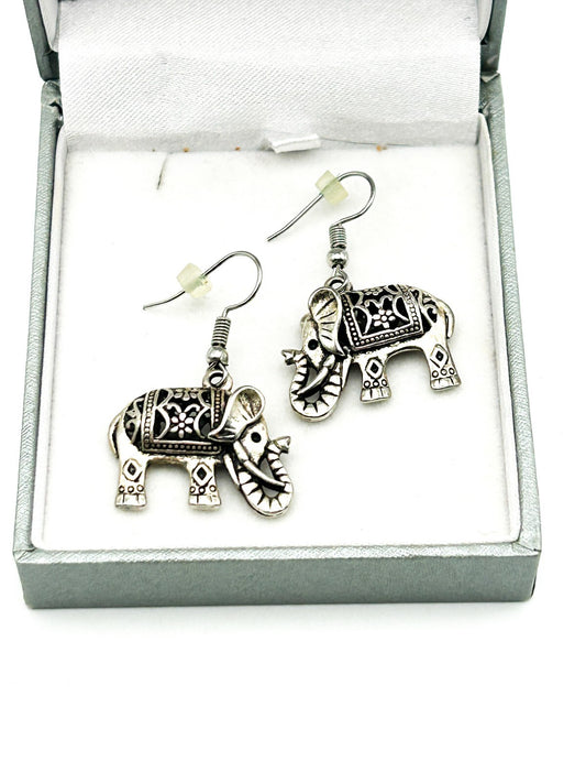 Silver Tone Elephant Drop Earrings Filigree Openwork Dangle