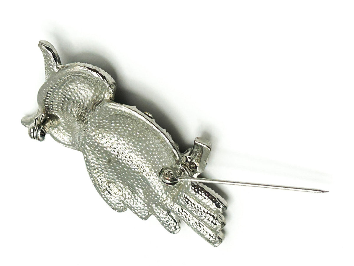 Vintage Rhinestone Owl Brooch Silver Tone Bird Pin Pavé Crystal Animal Jewellery