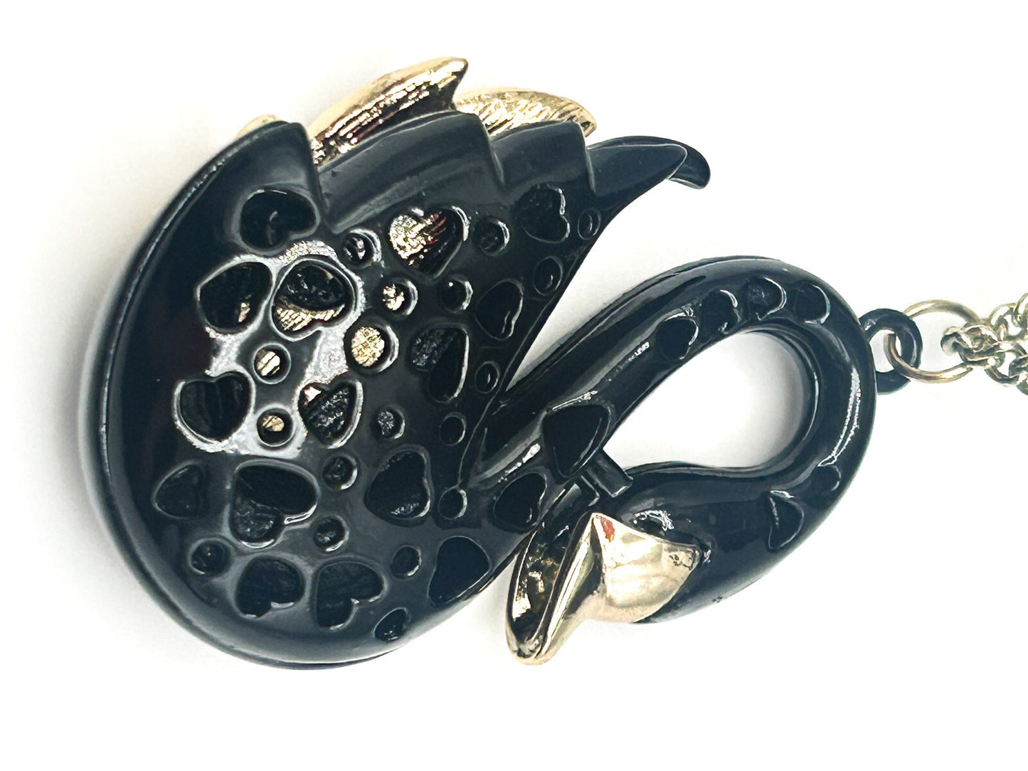 Black, Gold & Rhinestone Swan Pendant Necklace on Gold Tone Chain