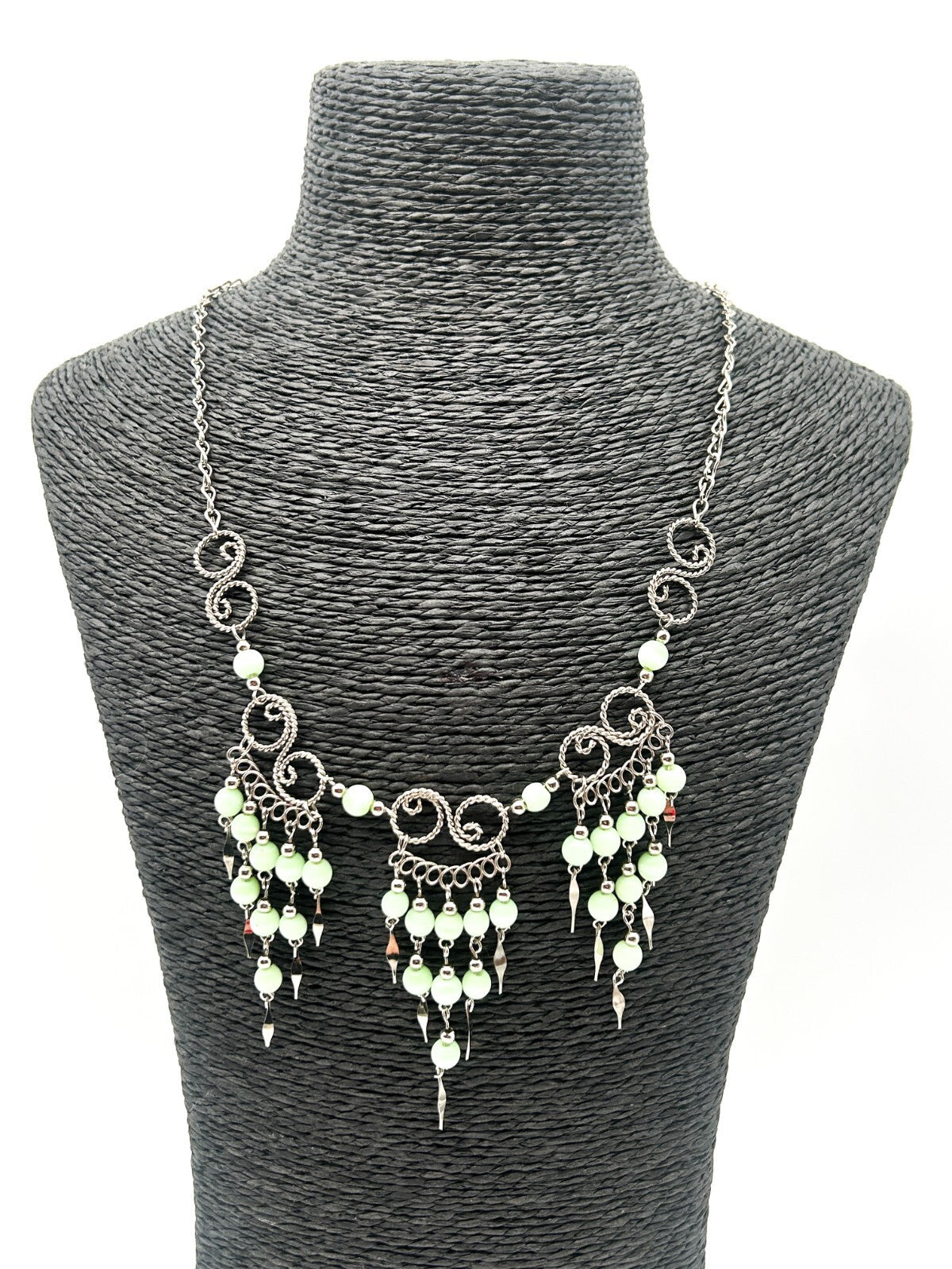 Peruvian Alpaca Pastel Green Cat's Eye Chandelier Necklace & Earrings Set Boho