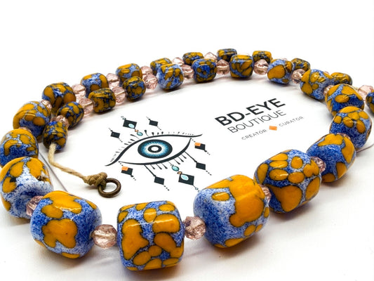 Vintage Blue Yellow Glazed Ceramic Bead Necklace Graduated Knotted Glass 17.5”