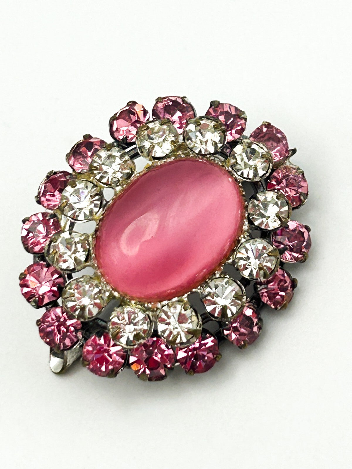 Vintage Pink Moonglow Brooch Rhinestone Halo Lucite Cabochon Pin