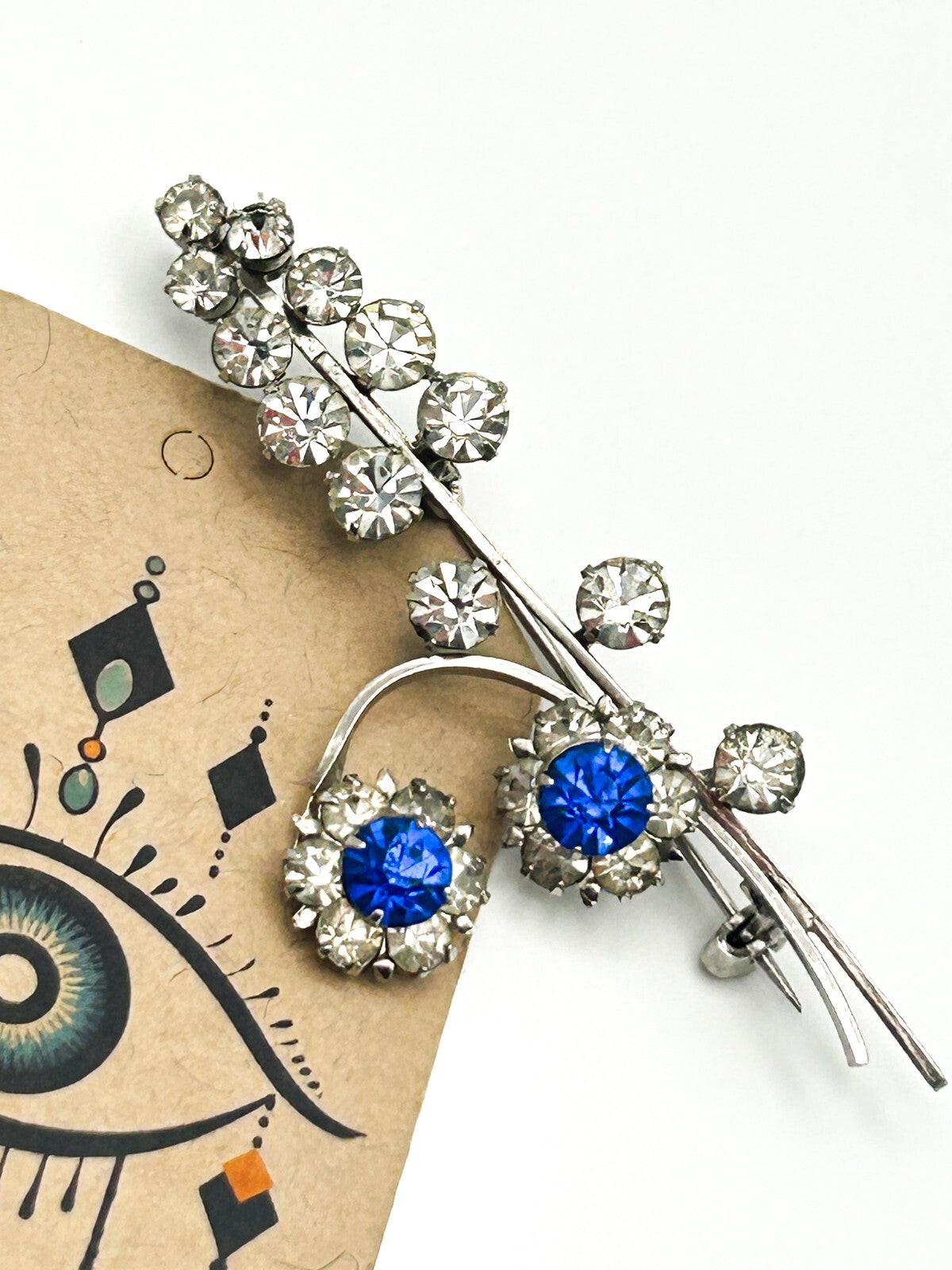 Vintage Blue Rhinestone Brooch Floral Drop Silver Tone Dangle Pin