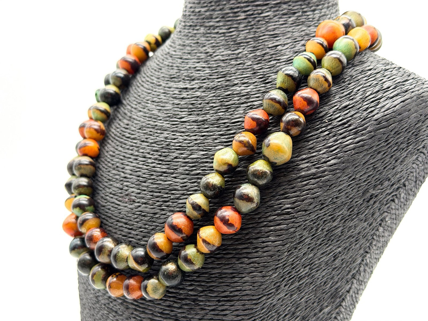 Vintage Double Strand Multicolour Acrylic Beaded Necklace Green Orange