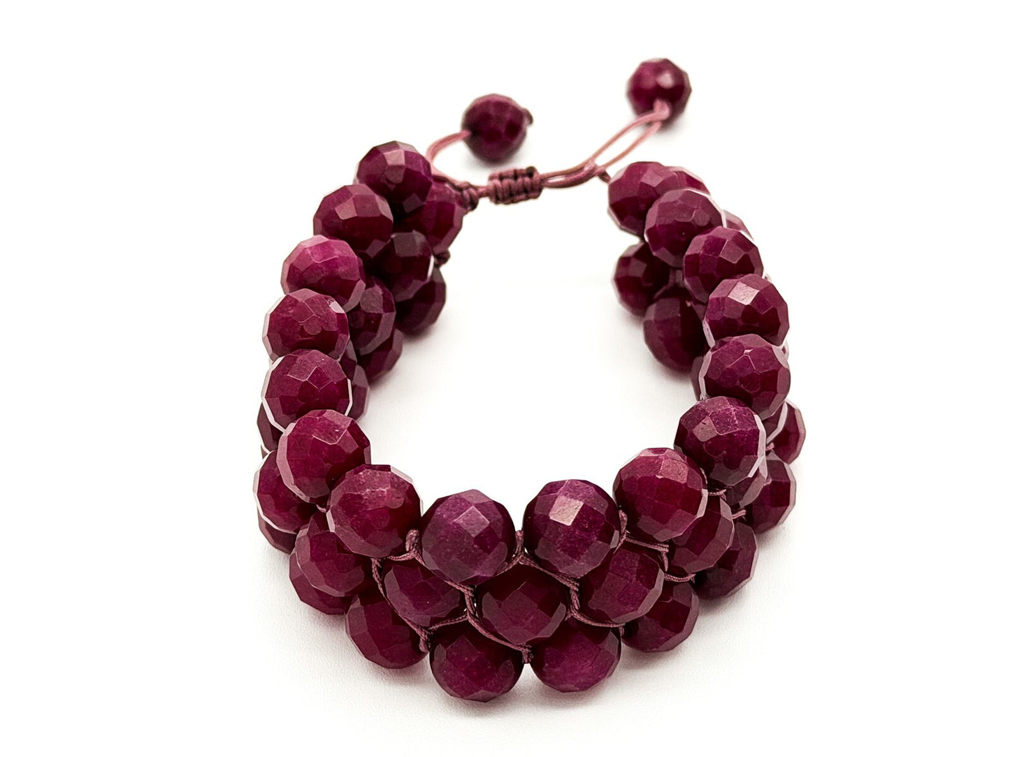 Faceted Jade Bracelet Mauve Beaded Macrame Adjustable Cuff Multi Row Woven