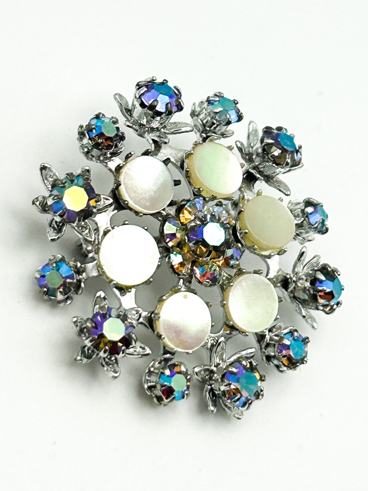 AB Rhinestone Cluster Brooch Mother of Pearl Silver Tone Pin