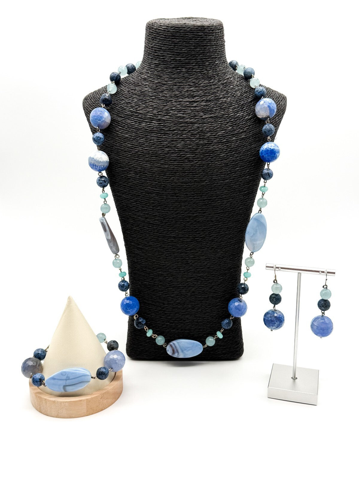 Chunky Blue Agate Beaded Necklace Bracelet Earrings Set Artisan Style
