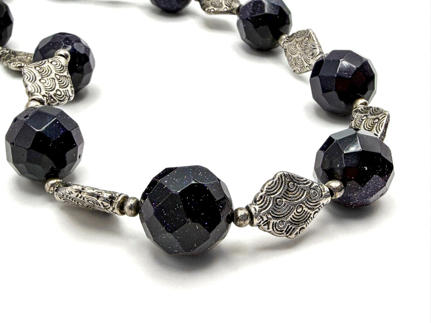 Deep Purple Sparkly Faceted Beaded Necklace with Silver Embossed Diamond Spacers