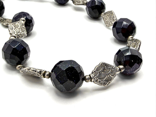 Deep Purple Sparkly Faceted Beaded Necklace with Silver Embossed Diamond Spacers