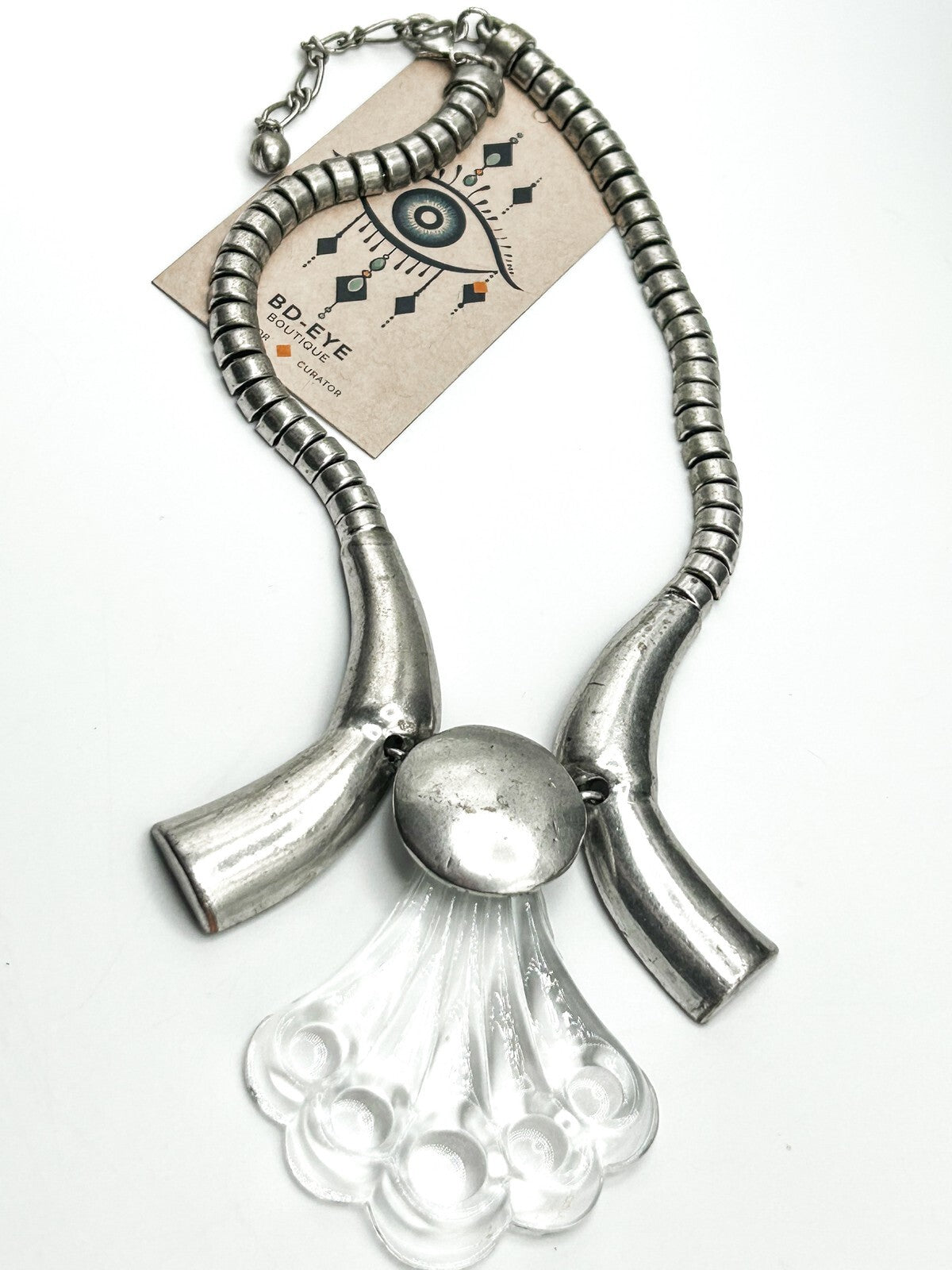 Silver Tone Sculptural Necklace with Glass Pendant - Bold Statement