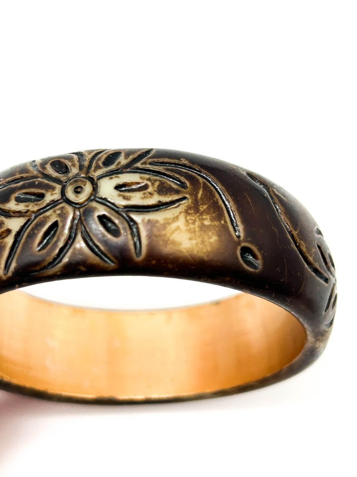 Vintage Carved Floral Organic Material Bangle Brown Boho Statement Bracelet