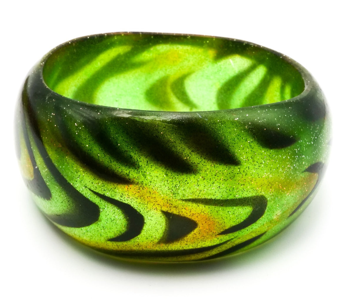 Chunky Two Tone Green Acrylic Bangle Glitter Swirl Wide Statement Bracelet Cuff