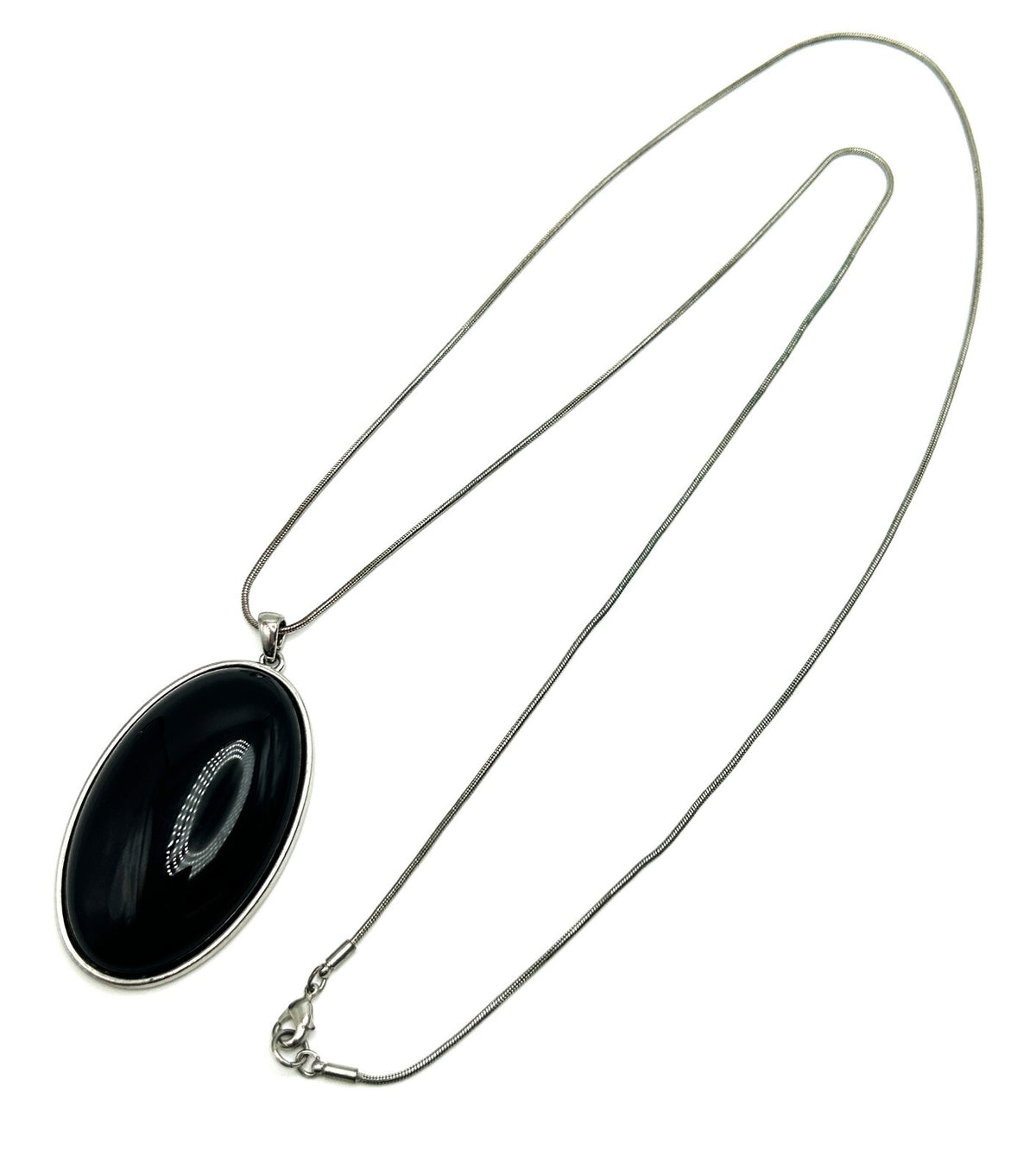 Black Cabochon Pendant Necklace Silver Tone Oval Statement Necklace