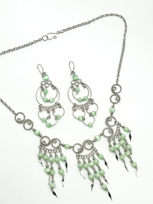 Peruvian Alpaca Pastel Green Cat's Eye Chandelier Necklace & Earrings Set Boho