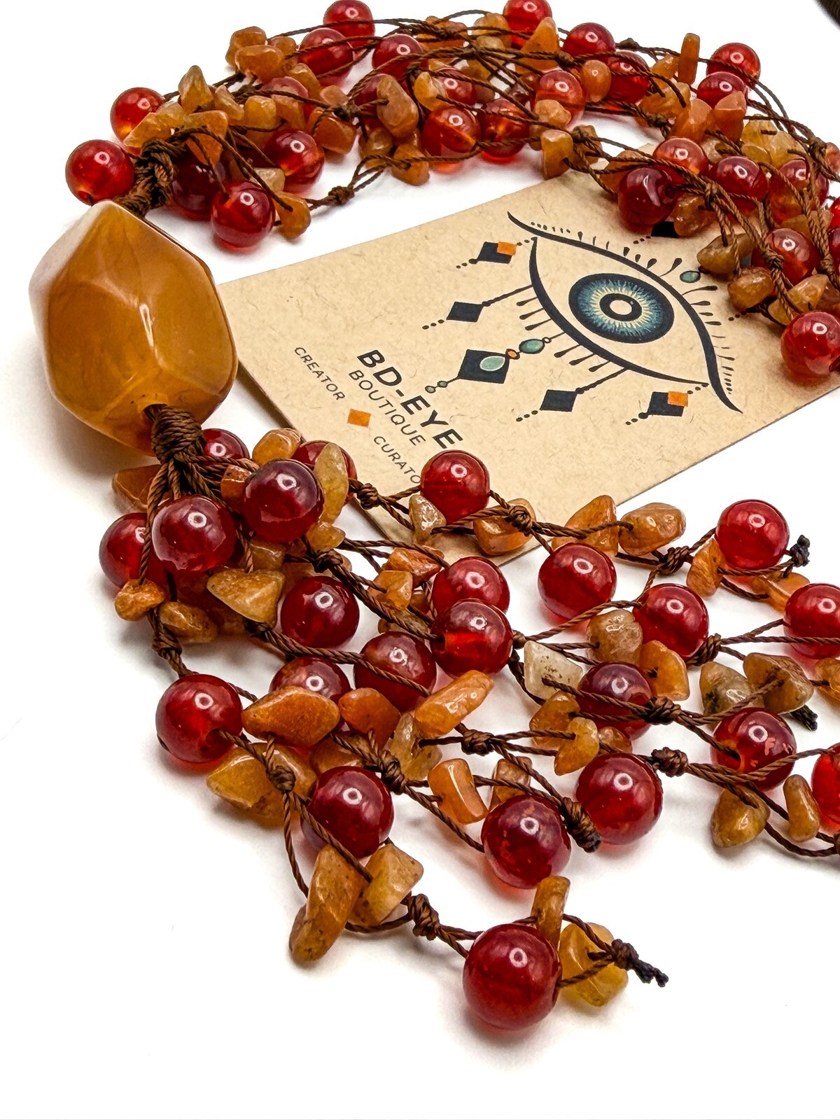 VTG Orange Glass, Acrylic & Carnelian Hand-knotted Statement Boho Necklace