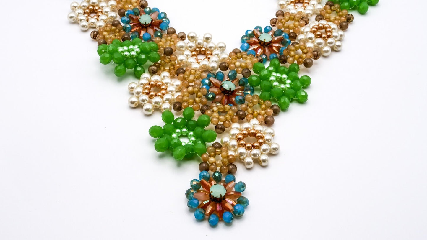Glass Floral Bib Necklace with Gold Tone Chain | Folkcore, Boho, 12.5"