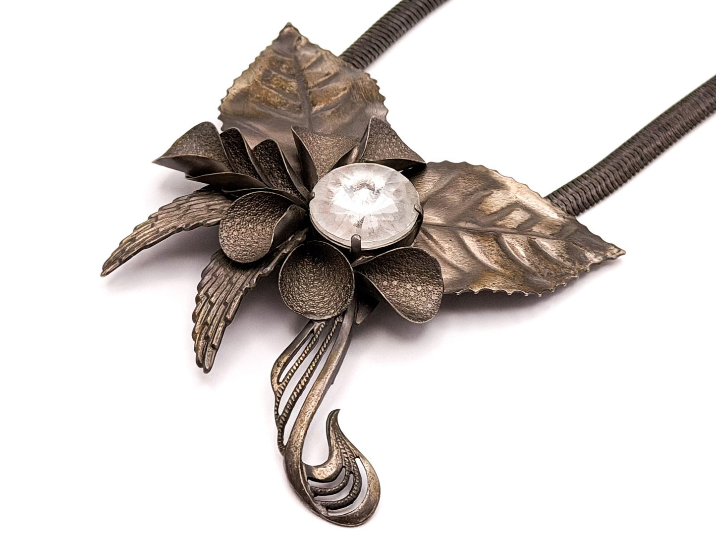 Art Nouveau Style Floral Leaf Statement Necklace with Swirl & Rhinestone Detail