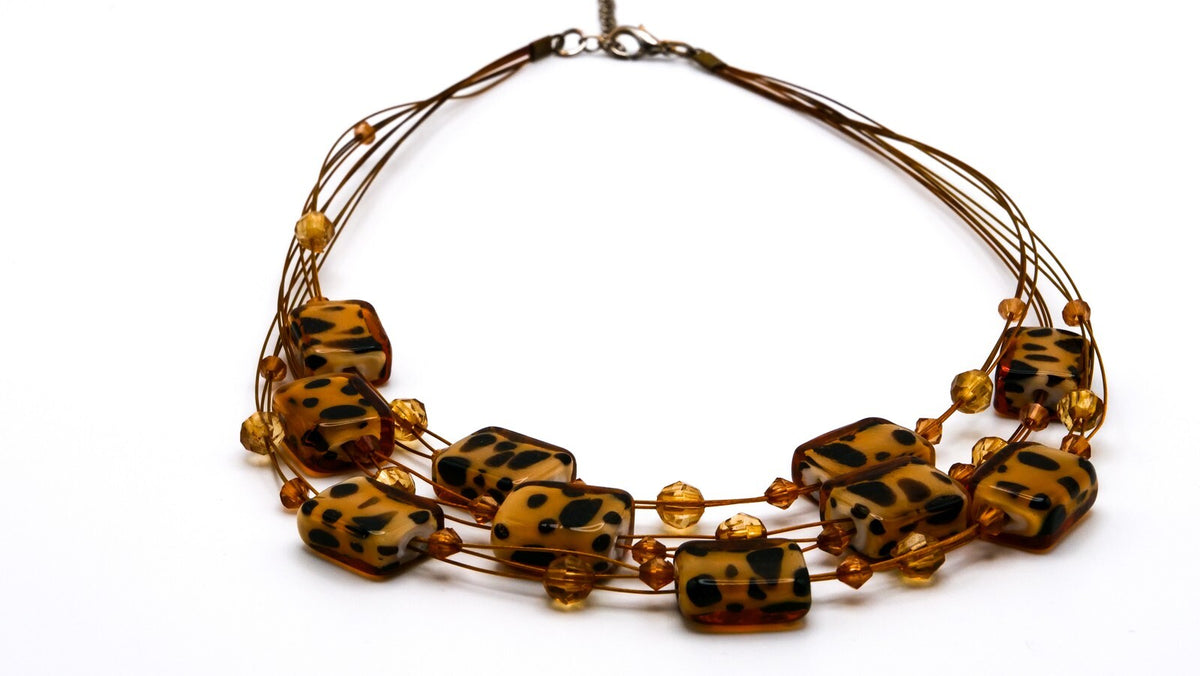 Shell-Glass Bead Necklace & Earring Set | Tortoiseshell Effect | Brass Tone