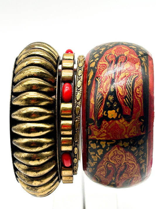 Vintage Red Gold Boho Bangle Bundle Painted Wood, Brass & Faux Coral Accents